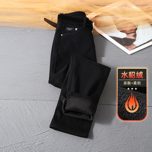 福利清仓~爆犀牛秋冬黑色加绒加厚修身直筒牛仔裤女小个子烟管裤