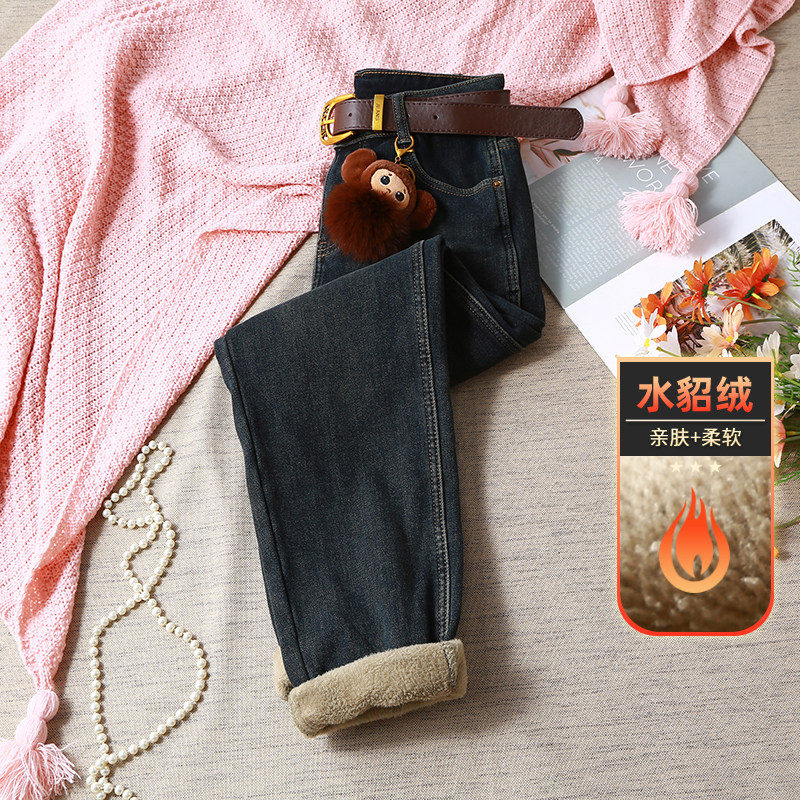 冬季新款欧货高腰宽松显瘦复古牛仔裤女加绒加厚萝卜哈伦裤