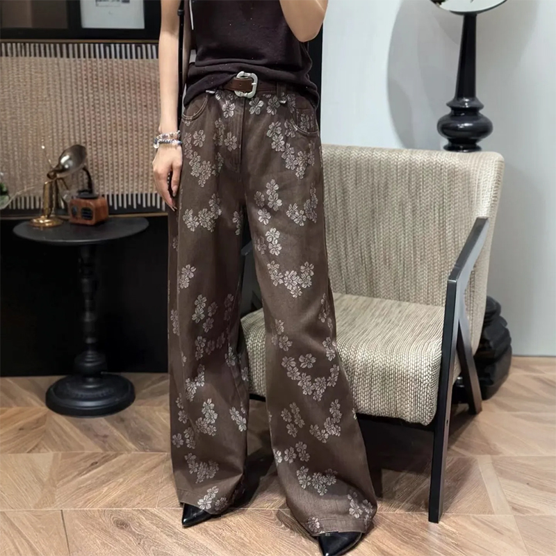 欧货提花牛仔裤！韩尚裤业2025秋季棕色裤子女直筒阔腿裤美式复古