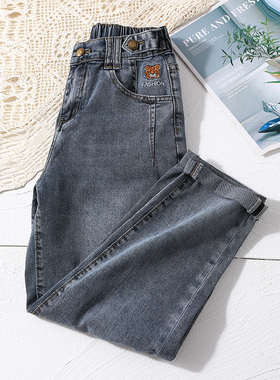 爆犀牛春秋蓝灰色复古宽松老爹牛仔裤女高腰显瘦九分萝卜哈伦裤子