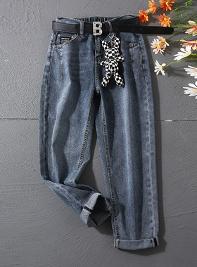 爆犀牛春秋款宽松复古蓝灰色老爹牛仔裤女显瘦高腰九分萝卜哈伦裤