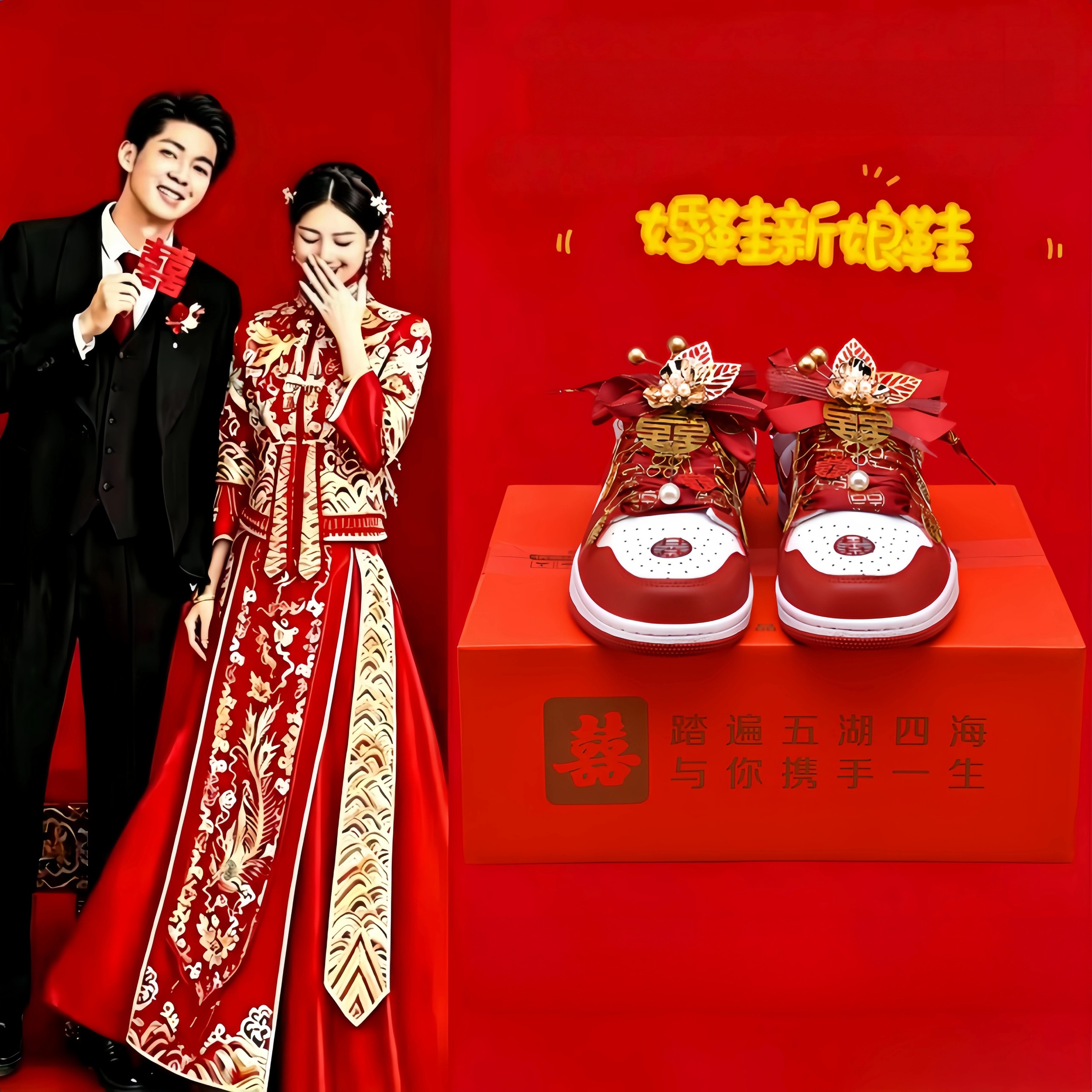 红色婚鞋新娘鞋子中式禾秀婚纱两穿男女一对订婚结婚平底板鞋女潮图片
