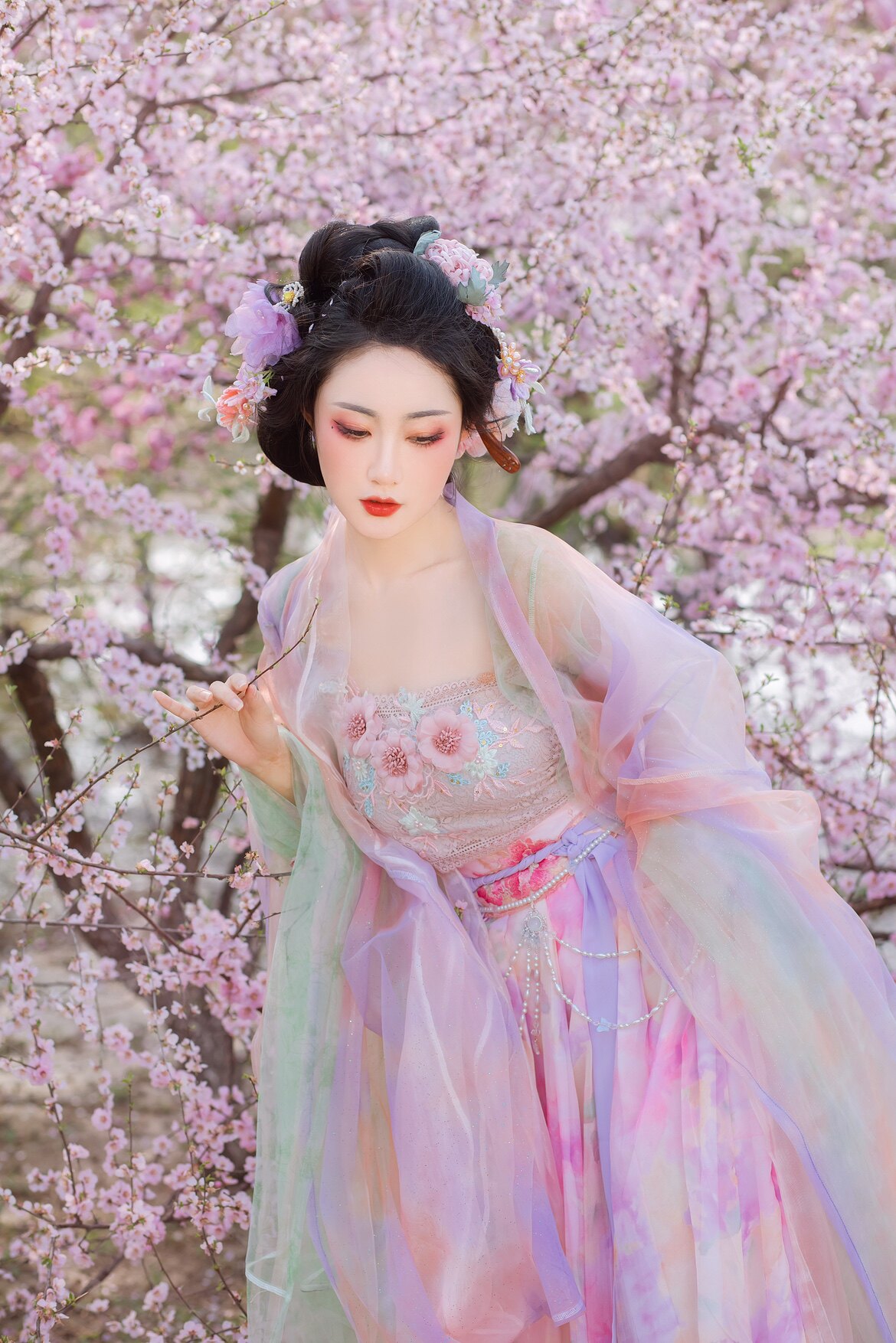采梦集原创汉服国风立体渐变粉紫齐腰大袖衫可拆卸诃子裙 生欢