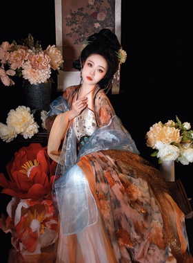 采梦集原创汉服国风唐诃子裙大袖衫橘橙色人间富贵花南北朝 画心