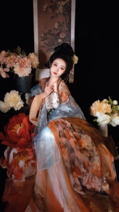 画心 橘橙色人间富贵花南北朝 采梦集原创汉服国风唐诃子裙大袖 衫