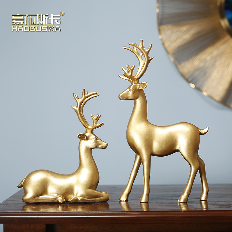 金色麋鹿摆件套装创意客厅酒柜装饰品欧式家居书柜样板间摆设礼品