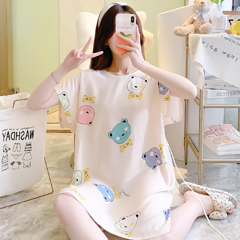 棉绸夏季甜美短袖系绳家居服睡裙