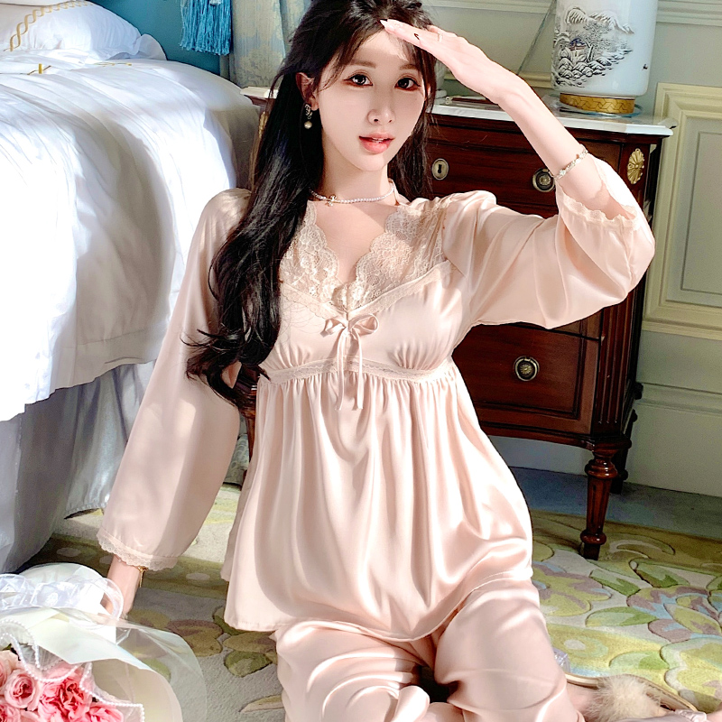 春秋冰丝绸睡衣女长袖套装薄款仿真丝带胸垫家居服大码两件套装