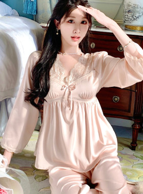 春秋冰丝绸睡衣女长袖套装薄款仿真丝带胸垫家居服大码两件套装