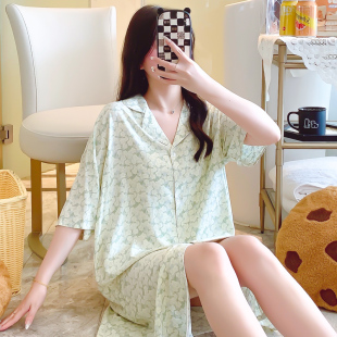 薄款衬衫睡裙女棉绸中长款宽松大码睡衣夏天空调服绵绸学生短袖