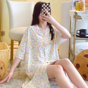 夏季短袖睡裙女性感衬衫裙人造棉绸开衫家居服休闲宽松绵绸连衣裙