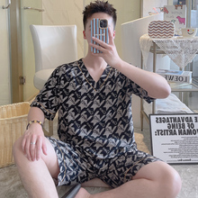 男士棉绸短袖短裤套装夏季薄款简约睡衣人造棉大码韩版家居服