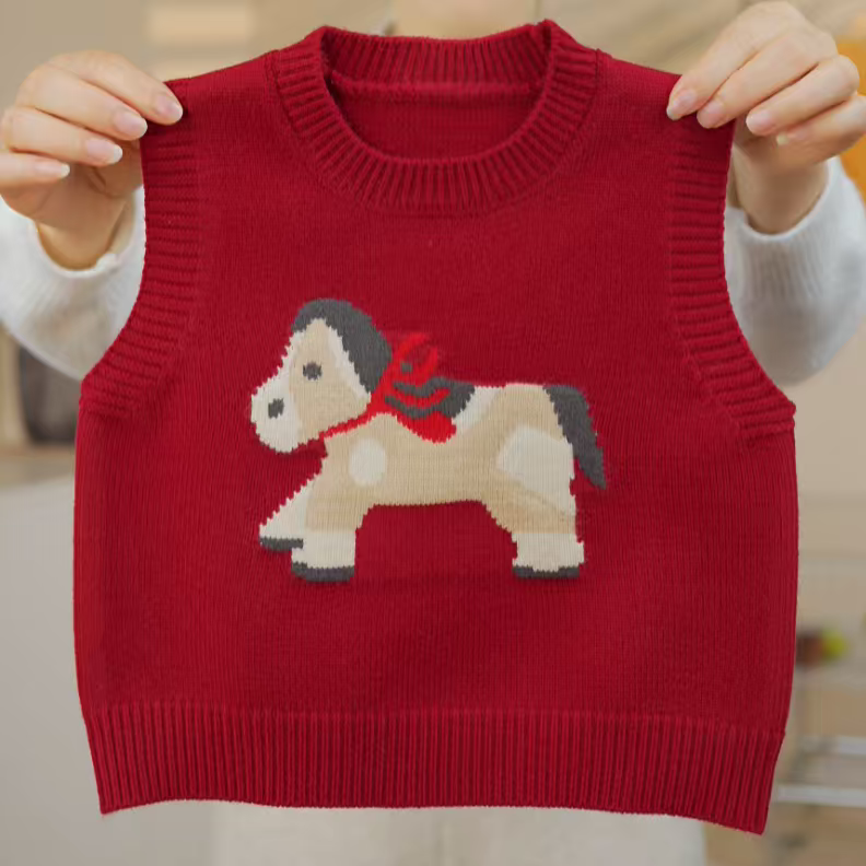 儿童针织马甲2026新款男女宝新年红色毛衣马甲打底衫