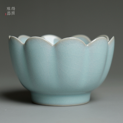 得闲雅器原产地汝瓷窑天青釉莲花杯手工品茗主人茶杯蝉翼开片可养