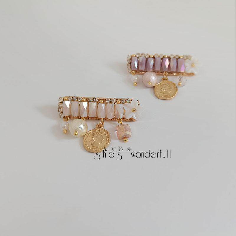 花开饰界韩版高档多色香芋紫水晶珍珠女王吊坠胸针原创手作别针扣