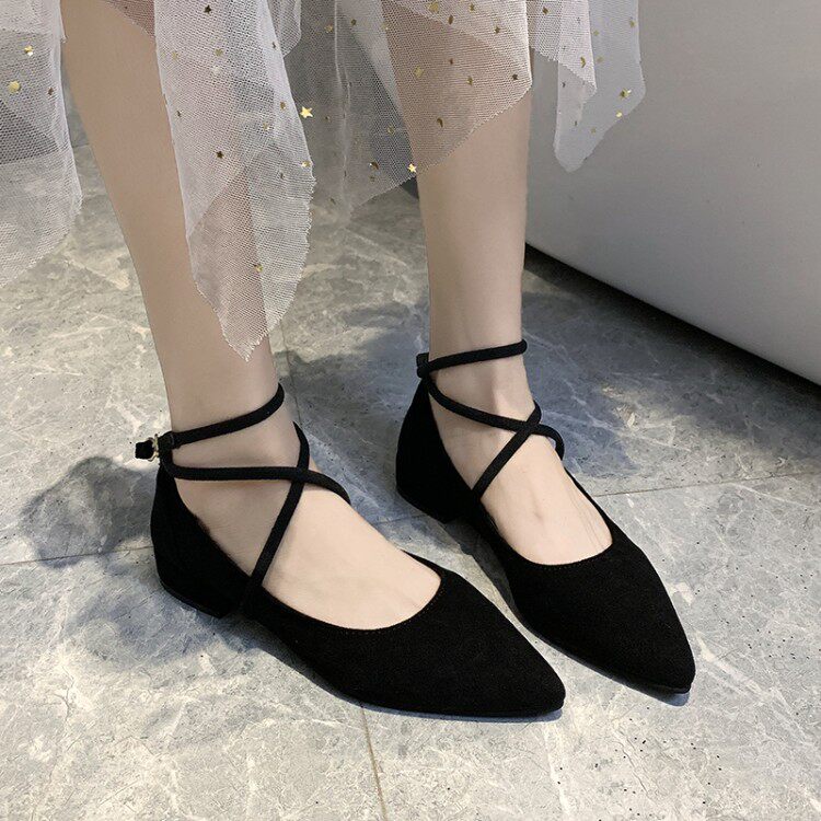 罗马包头女鞋2019春夏秋季新款尖头交叉绑带粗跟单鞋甜美淑女鞋子