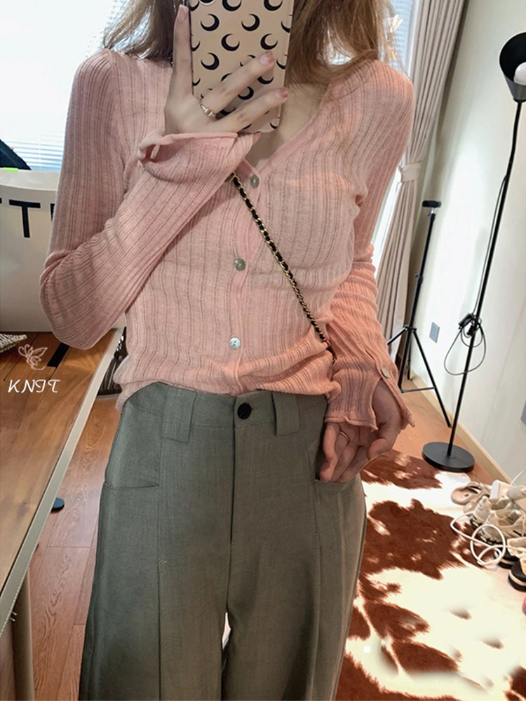 粉色薄款冰丝v领针织防晒开衫女夏设计感小众罩衫空调衫chic上衣