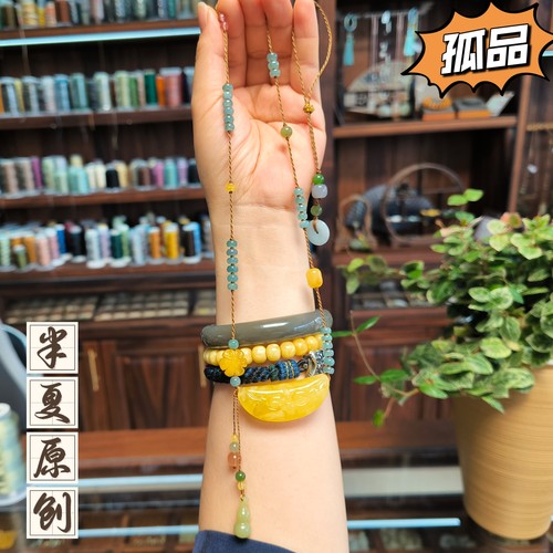 原创手工编织孤品一物一拍天然琥珀蜜蜡横戴款吊坠毛衣项链带证书