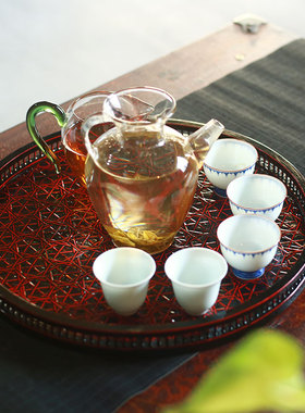 蓝胎漆手工竹编圆盘收纳盘茶点盘进口回流老物日式果盘托盘茶点盘