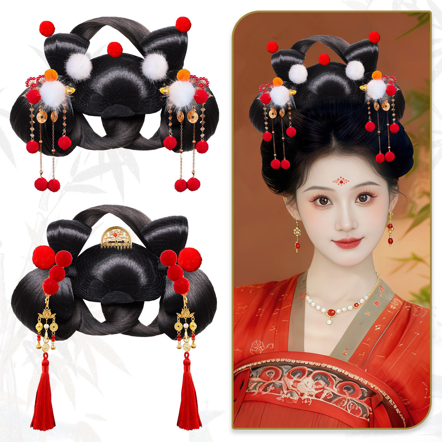 唐风仙气假发包诃子裙造型一体式百搭发髻新年汉服绢纱花朵配饰女,美发护发/假发,演出假发,淘宝优惠券,粉丝福利购,淘宝优惠卷