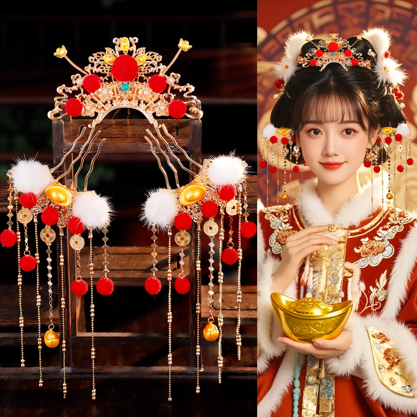 秋冬毛球汉服发饰流苏侧边发梳可爱元宝仿铜钱COS小财神写真发冠
