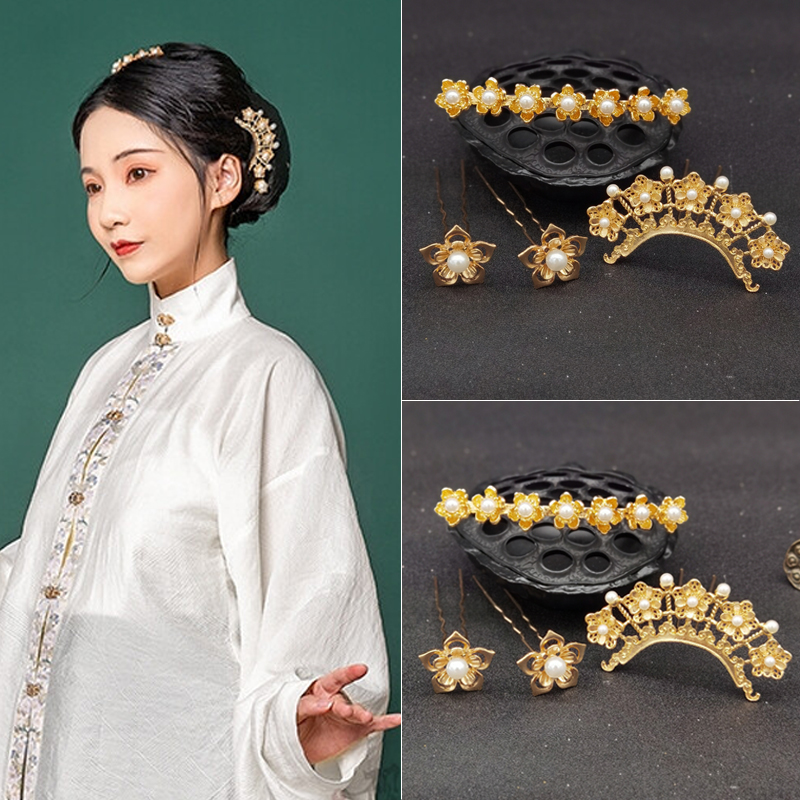 古风发饰珍珠排簪汉服发钗明制头饰发冠发簪子 u钗点缀组合配饰品