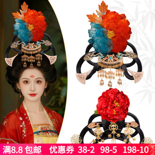 唐风绢纱花朵头饰流苏发钗组合汉服舞蹈演出古风造型一体式假发髻