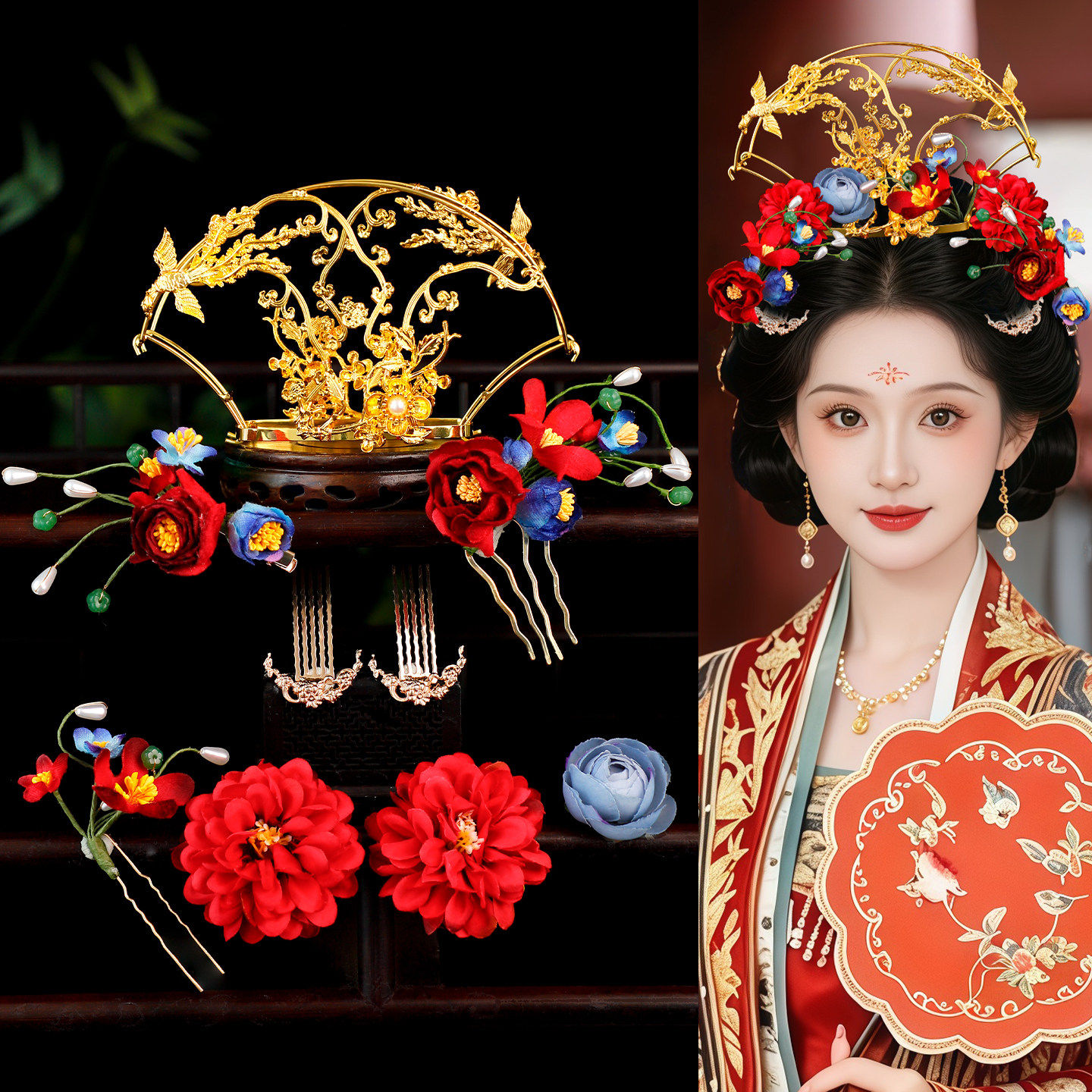 唐风婚礼重工发冠红色套装金饰流苏纱花汉服新娘华丽造型头饰