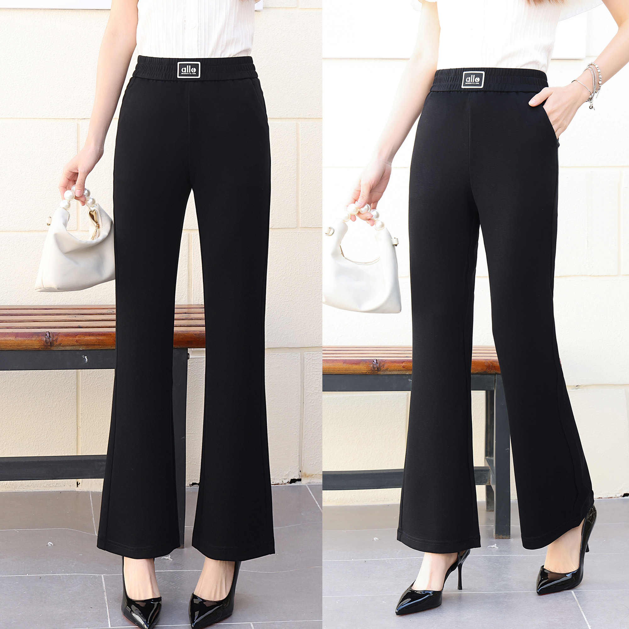 2026新款黑色微喇叭裤女莫代尔薄款西裤弹力松紧腰休闲长裤筒喇裤