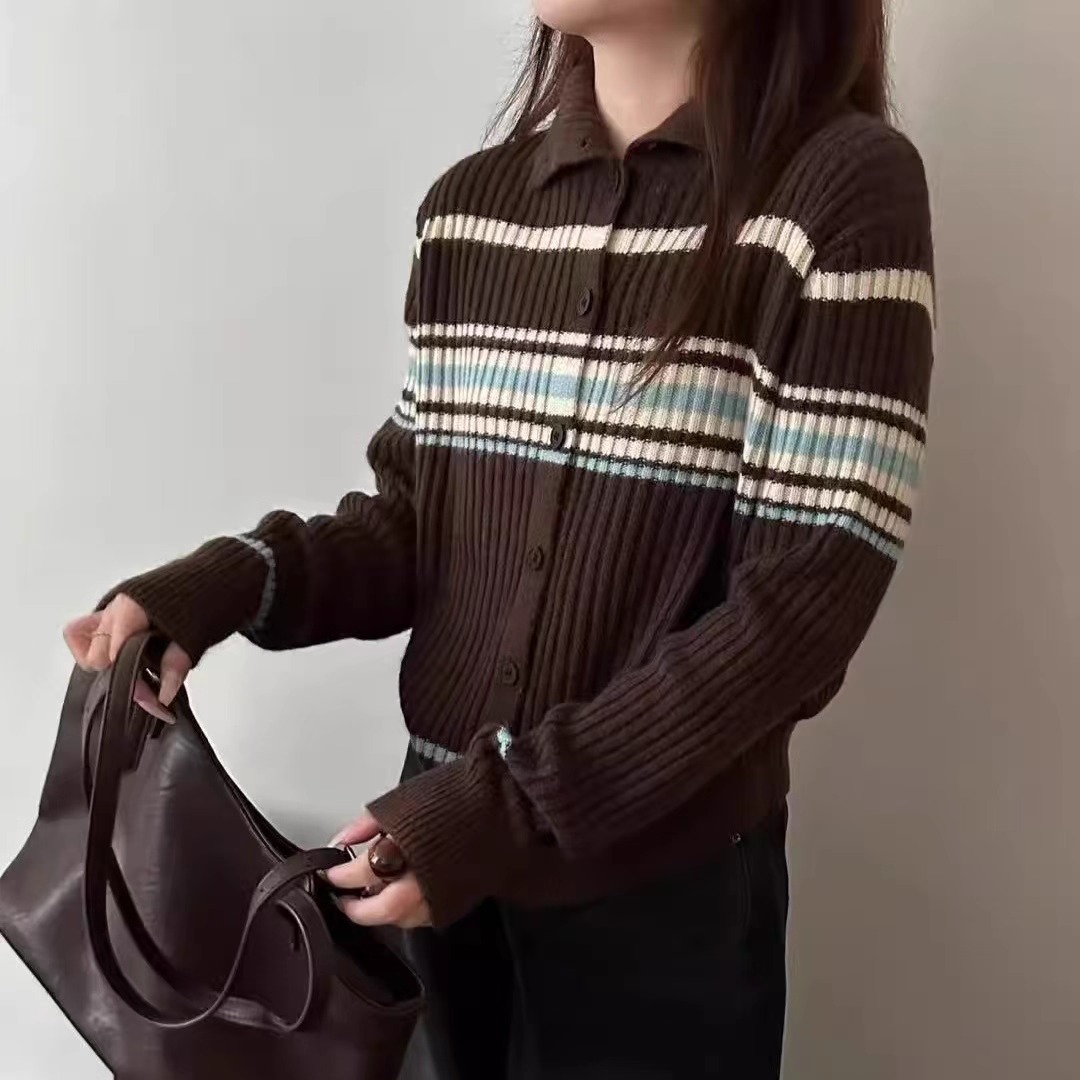 撞色条纹冬季女时尚简约立领开衫针织衫毛衣外套上衣拼色显瘦修身