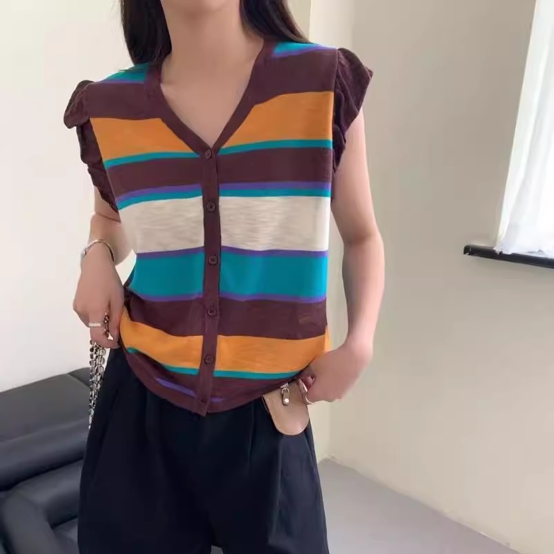 2025夏季新款撞色条纹V领针织开衫女洋气减龄高级感无袖t恤上衣潮