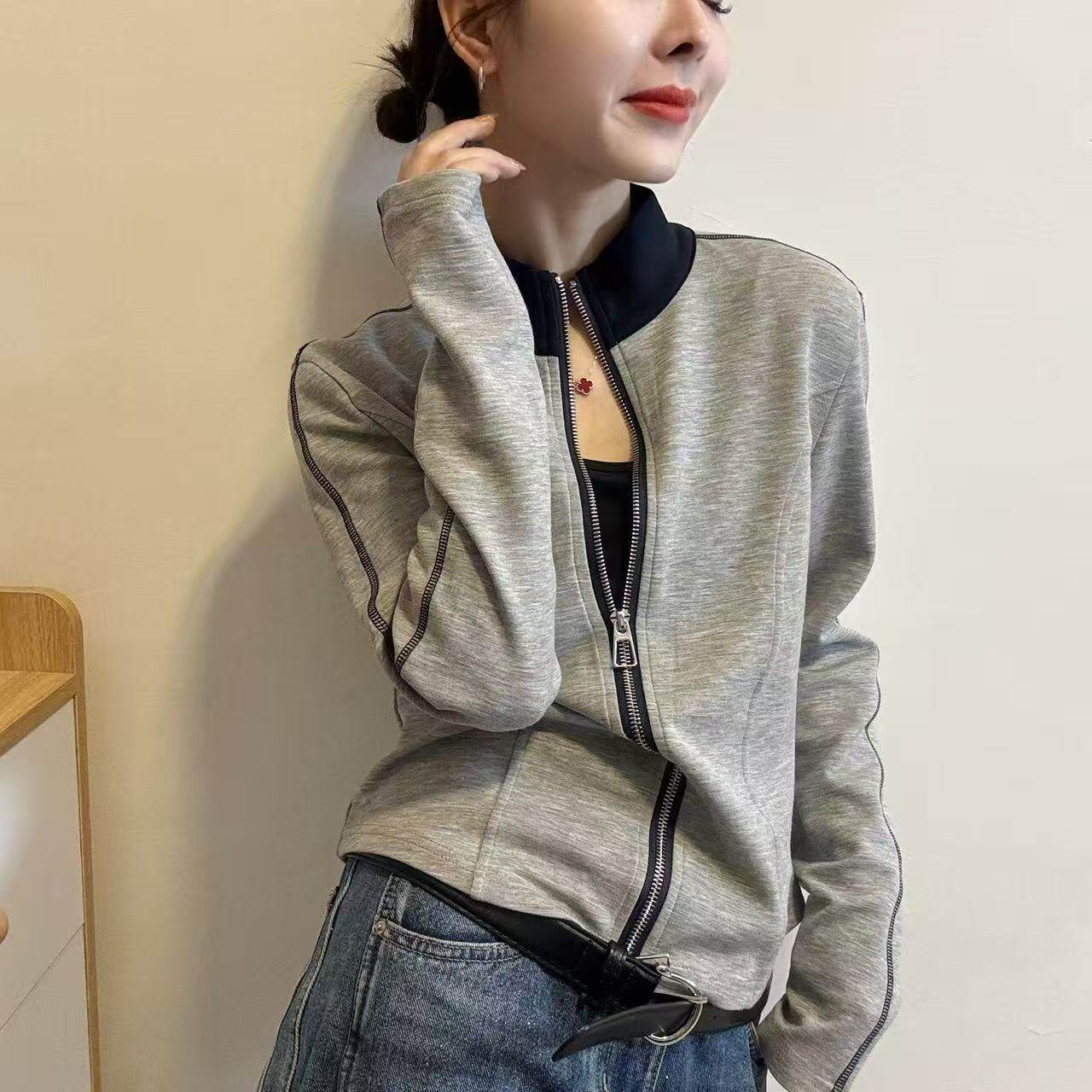 撞色拼接立领卫衣开衫短外套女欧洲站2026春装新款欧货女装上衣潮