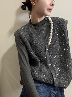 欧洲站2025冬季韩版气质立领灰色长袖打底衫钉珠针织背心两件上衣