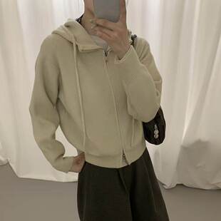 韩范慵懒风连帽双拉链针织开衫女秋季松弛感简约宽松百搭休闲外套