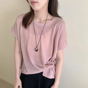 宽松显瘦上衣潮 2025夏季 韩版 设计感圆领侧边打结短袖 珍珠麻针织衫