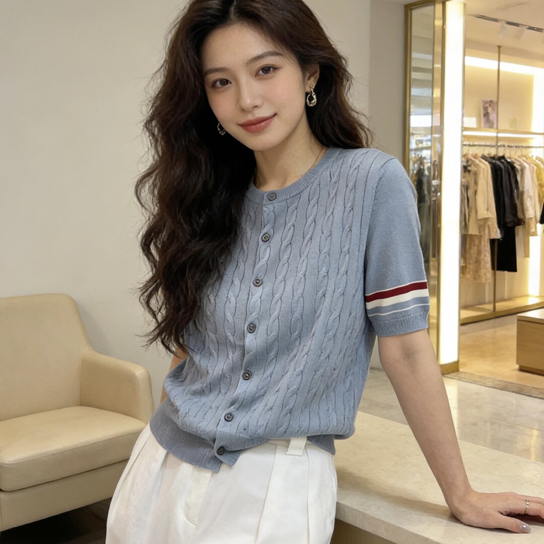 韩系简约风撞色麻花纽扣针织开衫女夏季条纹短袖圆领显瘦百搭上衣