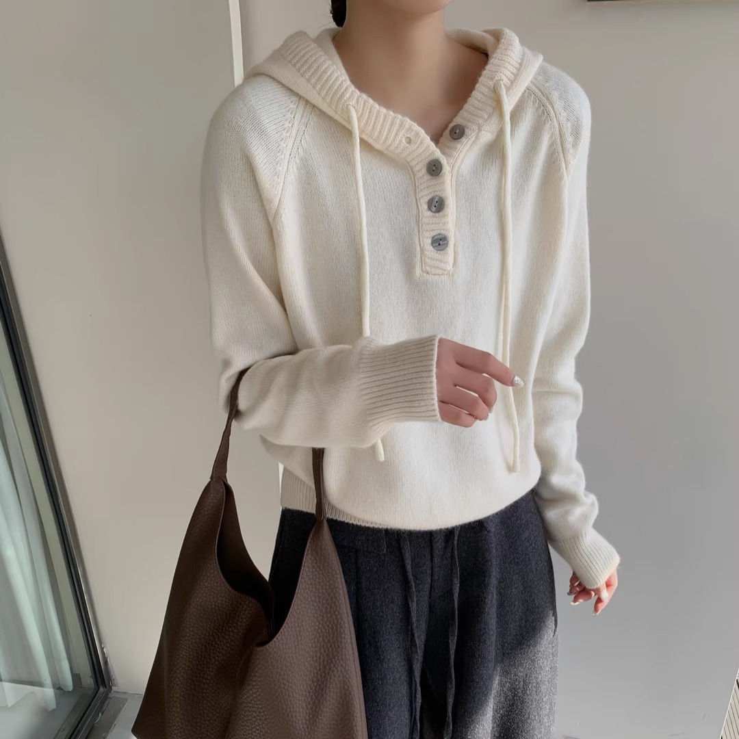 连帽抽绳套头毛衣女秋冬显瘦打底衫外穿毛衣针织衫上衣软糯纯色潮