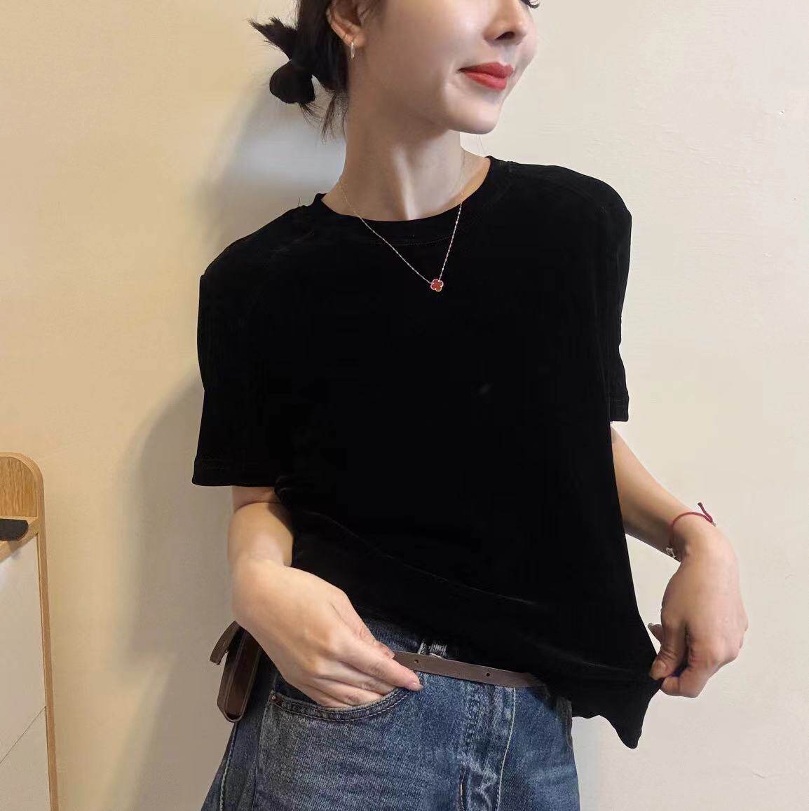 夏季韩式潮流休闲风黑色圆领短袖T恤后背小标显瘦百搭打底衫上衣