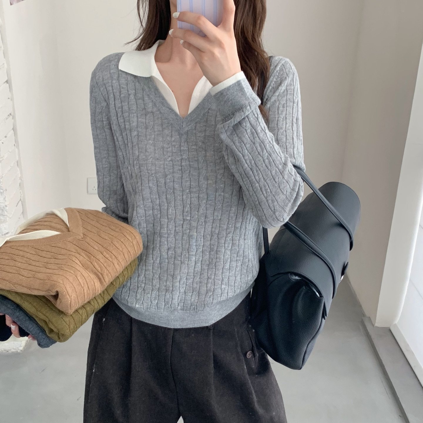 复古假两件Polo领绞花针织衫女撞色翻领宽松显瘦早秋麻花套头毛衣
