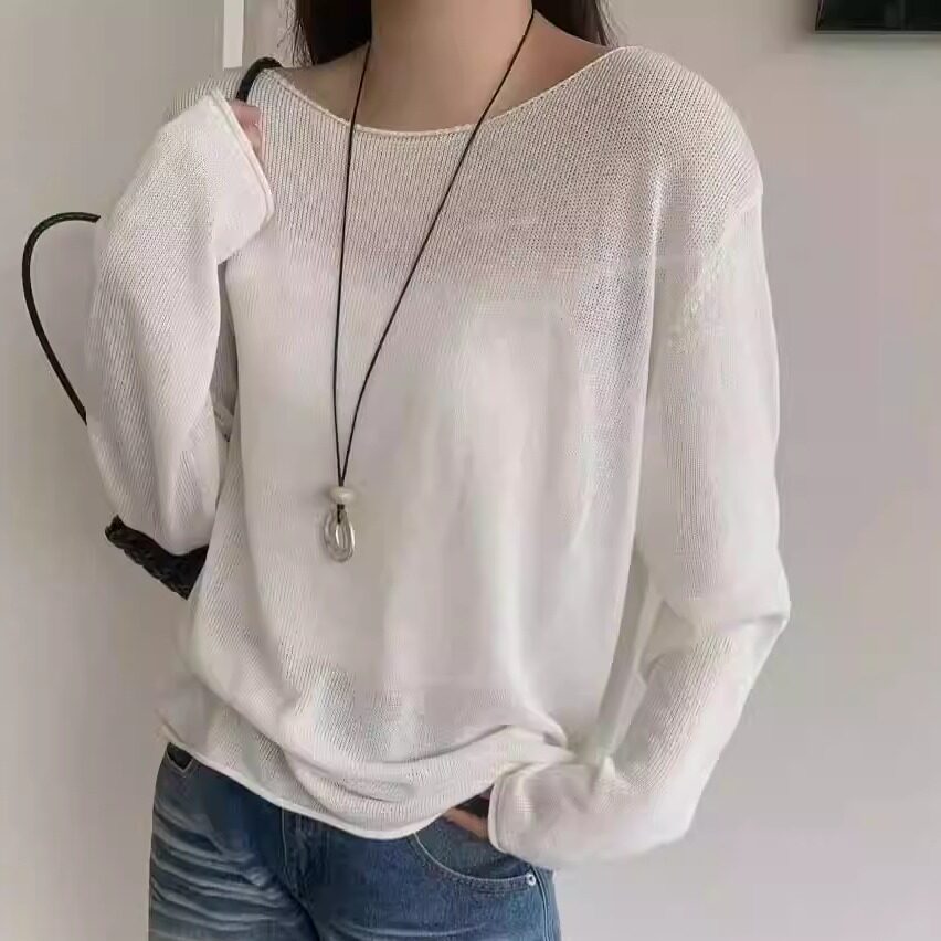 慵懒风纯色一字领卷边针织衫女春夏时尚宽松百搭显瘦微透薄款上衣