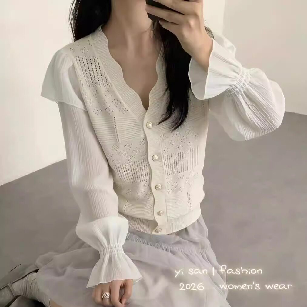 2026春季法式甜美风V领纱袖镂空针织开衫女长袖假两件薄款上衣潮