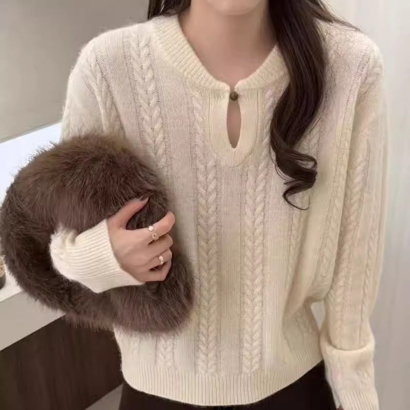 BADX正品纯色镂空麻花套头毛衣女25冬季宽松慵懒风羊毛兔毛针织衫