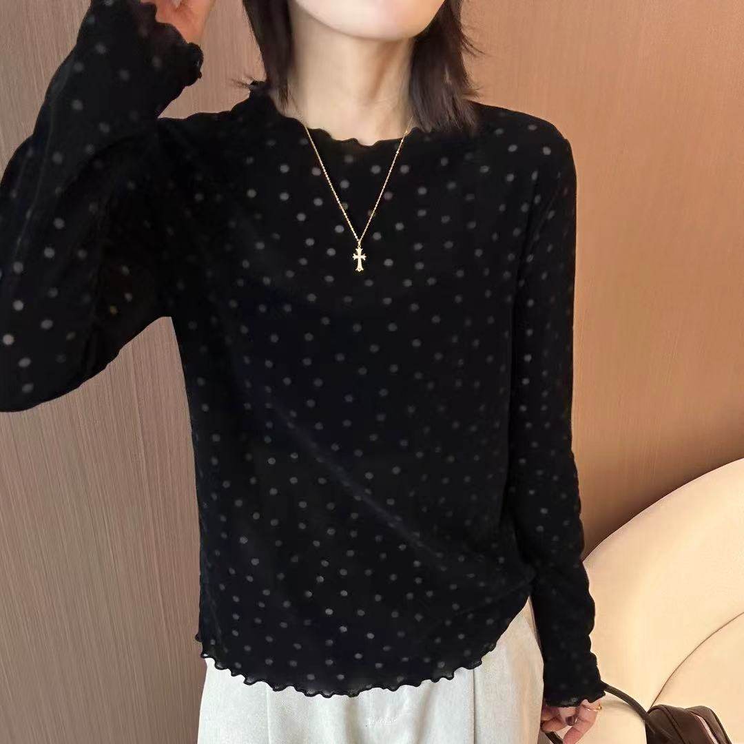 韩系纯色波点透视感长袖T恤女秋季新款木耳边宽松百搭显瘦打底衫