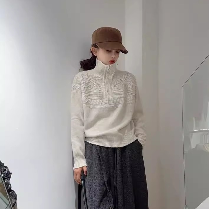 冬季高领半开拉链羊毛提花羊驼绒毛衣女韩版新款洋气长袖针织衫潮