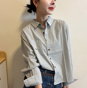 韩系复古文艺学院风小翻领格子衬衫女短款宽松百搭减龄长袖外套潮