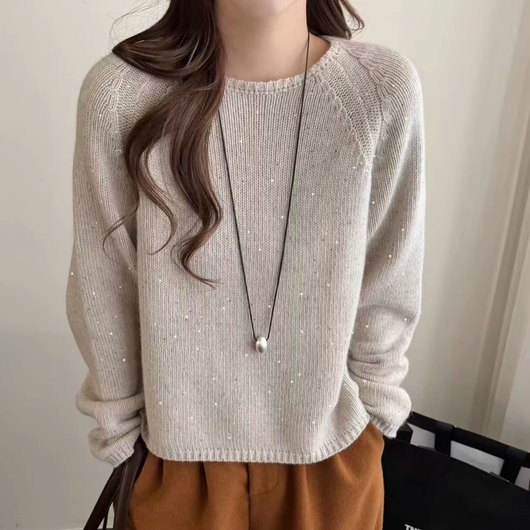 细闪金丝羊驼绒韩系圆领针织衫冬季宽松慵懒软糯毛衣套头打底衫女