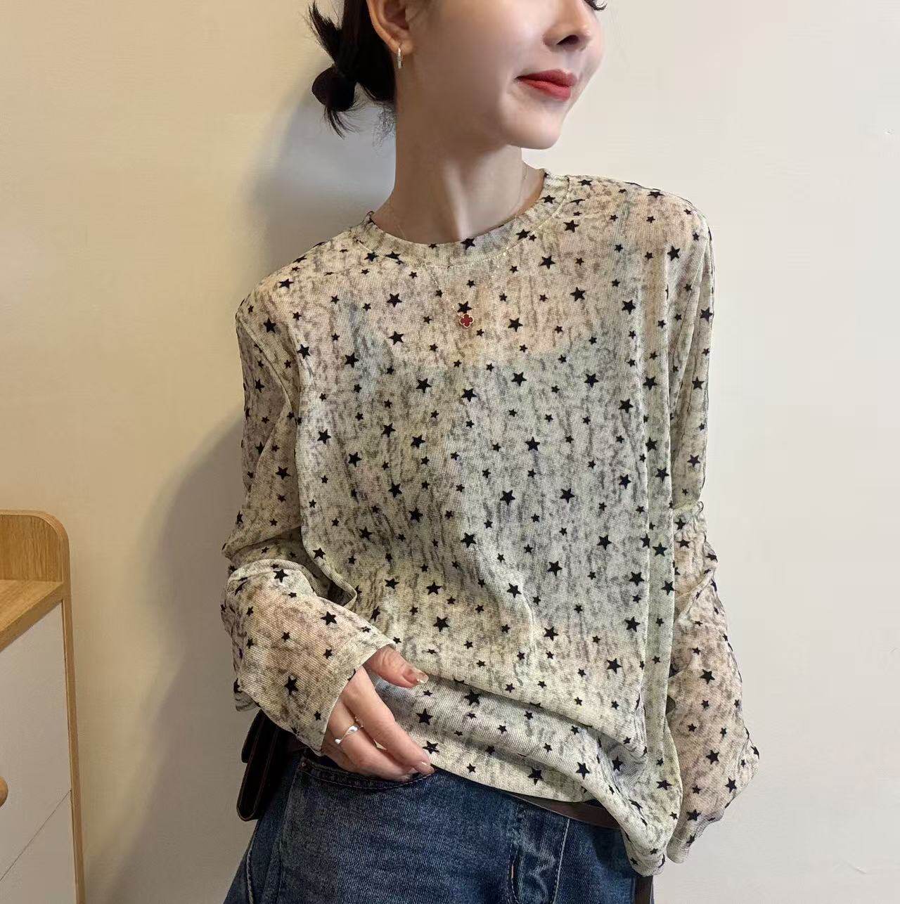 2026春夏新款时尚圆领星星花朵波点提花长袖T恤宽松休闲百搭上衣