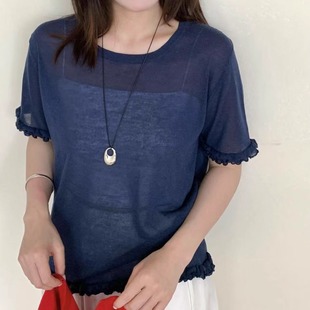 甜美花边天丝亚麻针织衫 2025夏季 百搭短袖 韩版 宽松上衣女 休闲时尚