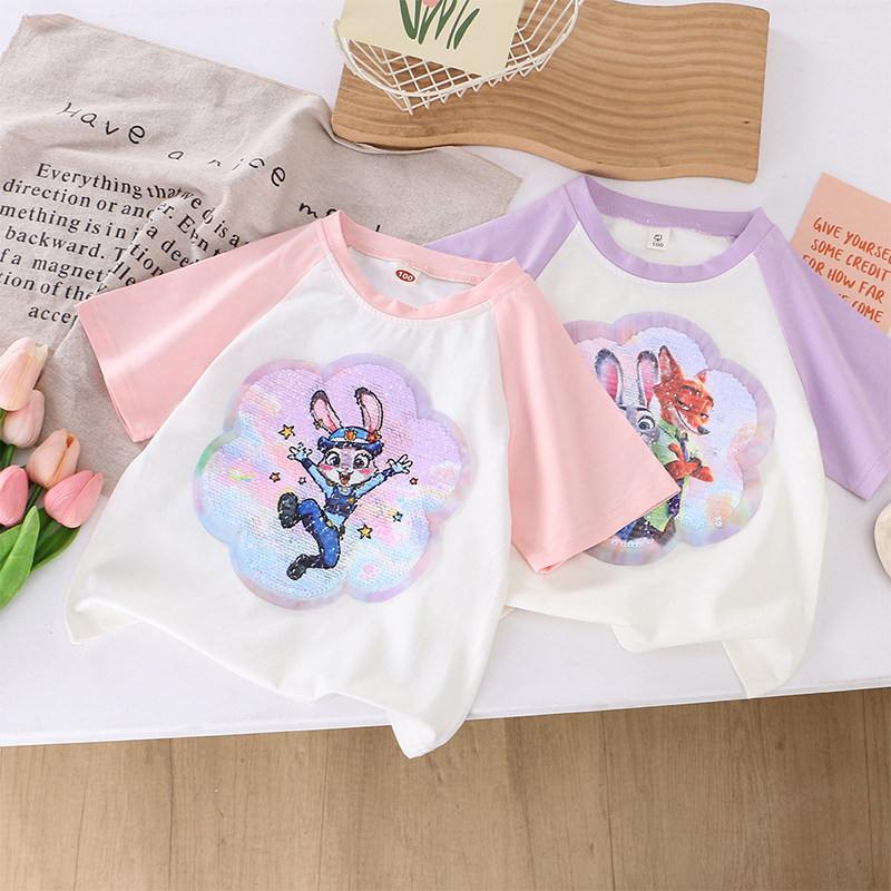 女童短袖体恤兔子狐狸T恤亮片变色上衣夏装纯棉衫小女孩潮流时尚t