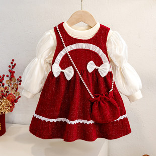 女童加绒连衣裙冬季保暖一体绒新年装红色拜年服儿童洋气汉服裙子